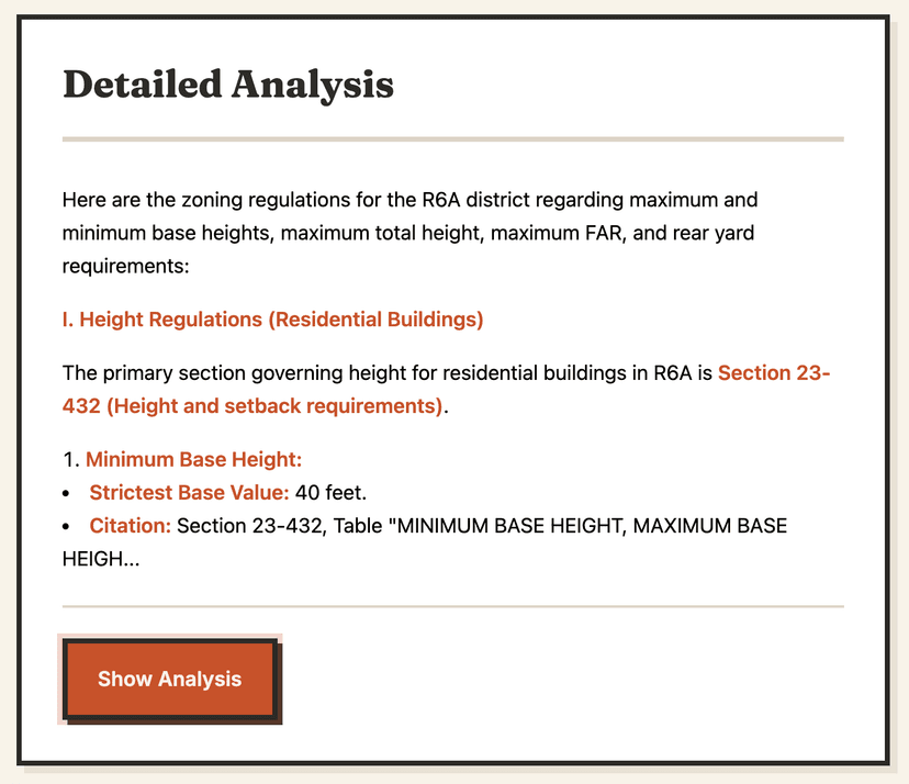 Chat Interface showing zoning question and answer