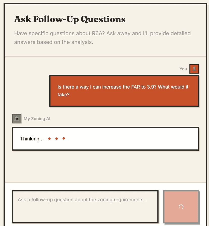 Chat Interface showing zoning question and answer